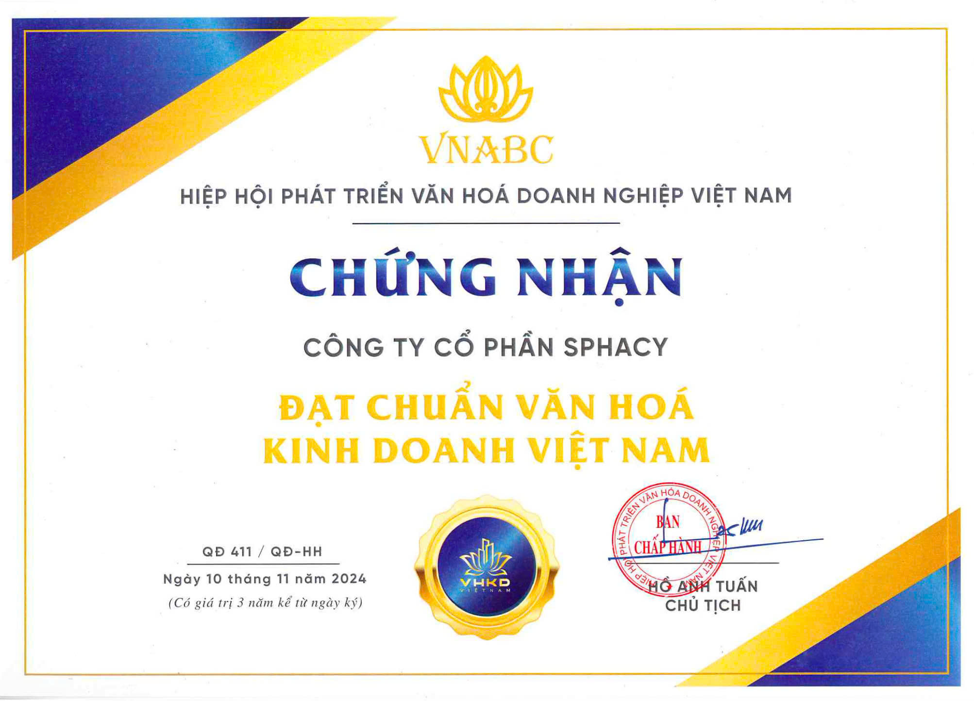 Giấy chứng nhận Đạt chuẩn Văn hóa kinh doanh Việt Nam